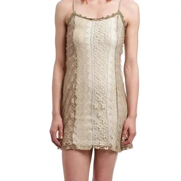 🆕Caramel Silk-Blend Geometric Sheath Dress L🆕 - Picture 1 of 3
